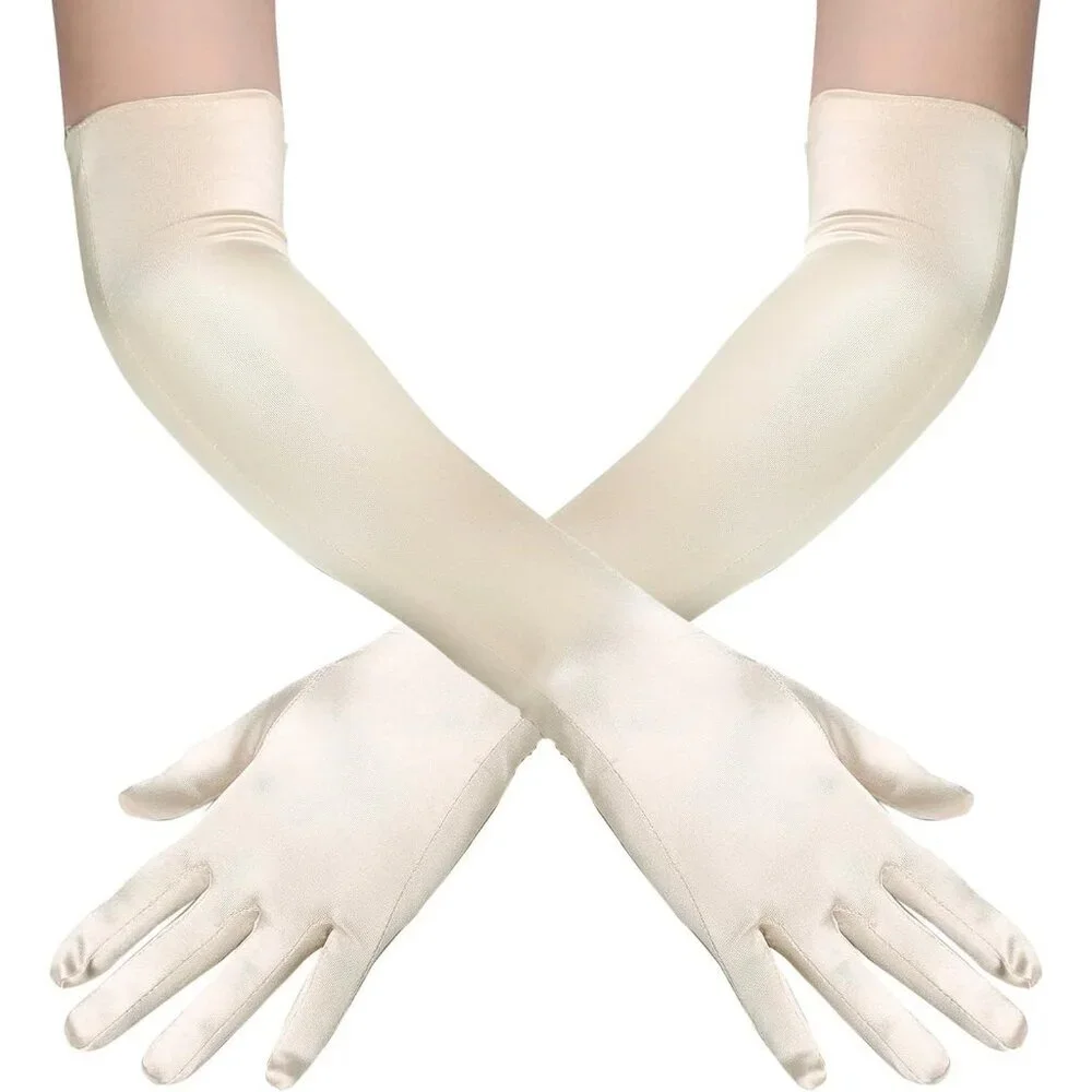 Women's Champagne Vintage Satin Long Gloves Party Costume Stretchy Elbow Length